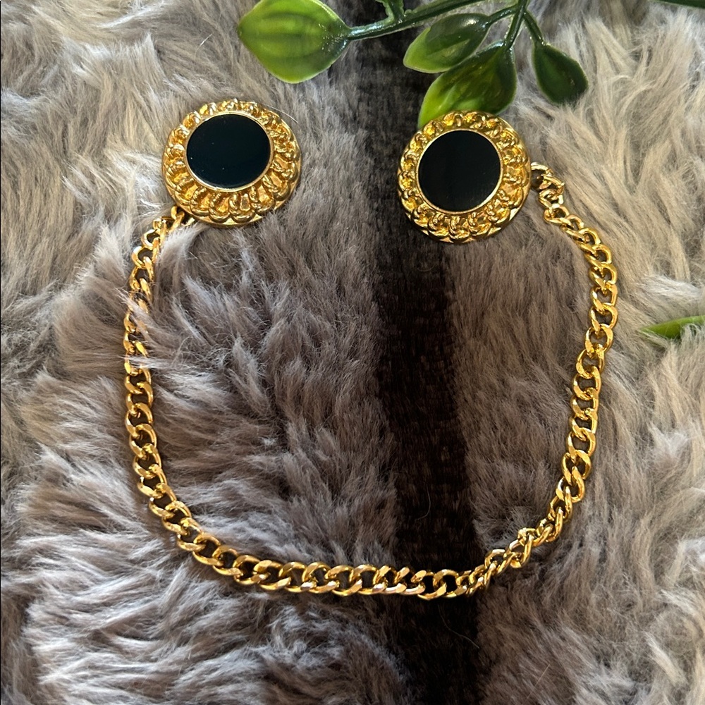Vintage black enamel gold tone aluminum button sweater chain